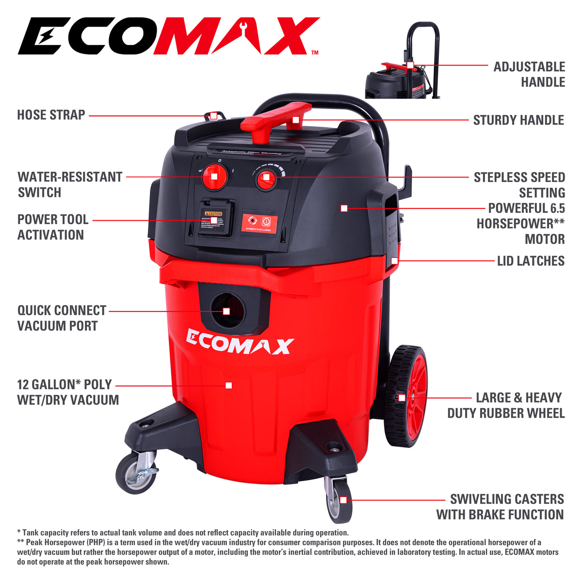 Ecomax 12 Gallon 6.5 HP AT18610PE-12A OSHA-Compliant Wet/Dry Vacuum with Dual Self-Cleaning HEPA Filters, Airflow Alarm, and Accessories