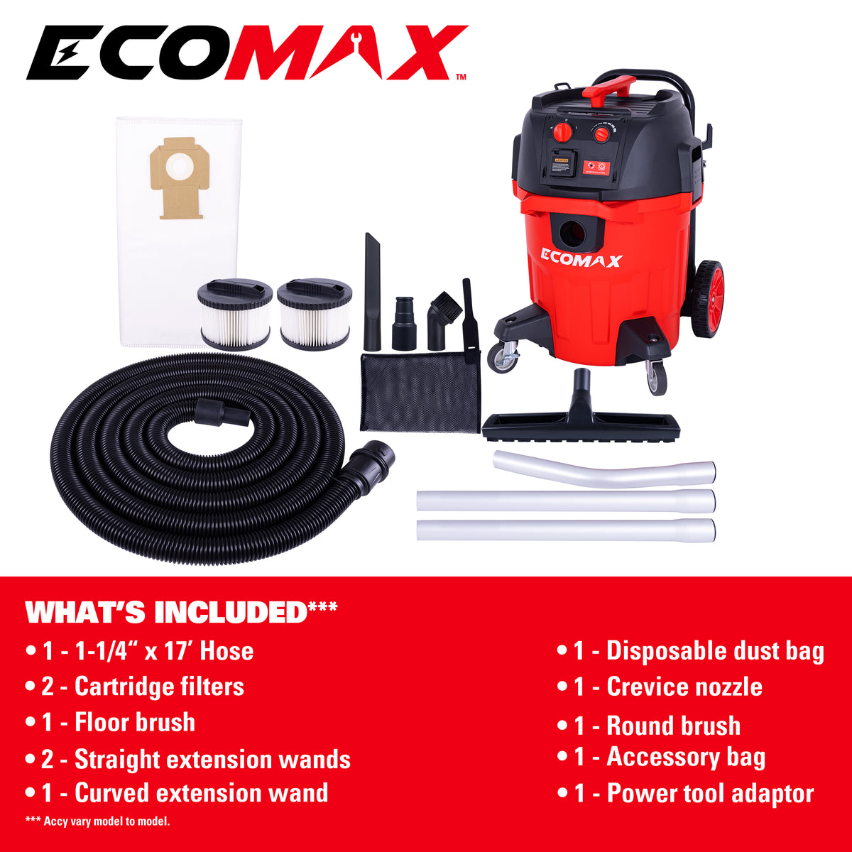 Ecomax 12 Gallon 6.5 HP AT18610PE-12A OSHA-Compliant Wet/Dry Vacuum with Dual Self-Cleaning HEPA Filters, Airflow Alarm, and Accessories
