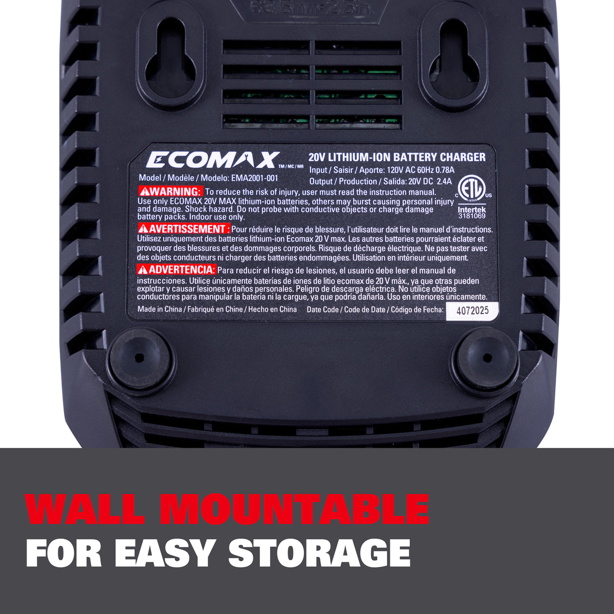 Ecomax 2.4Ah Battery Charger for 20V Lithium-Ion Batteries