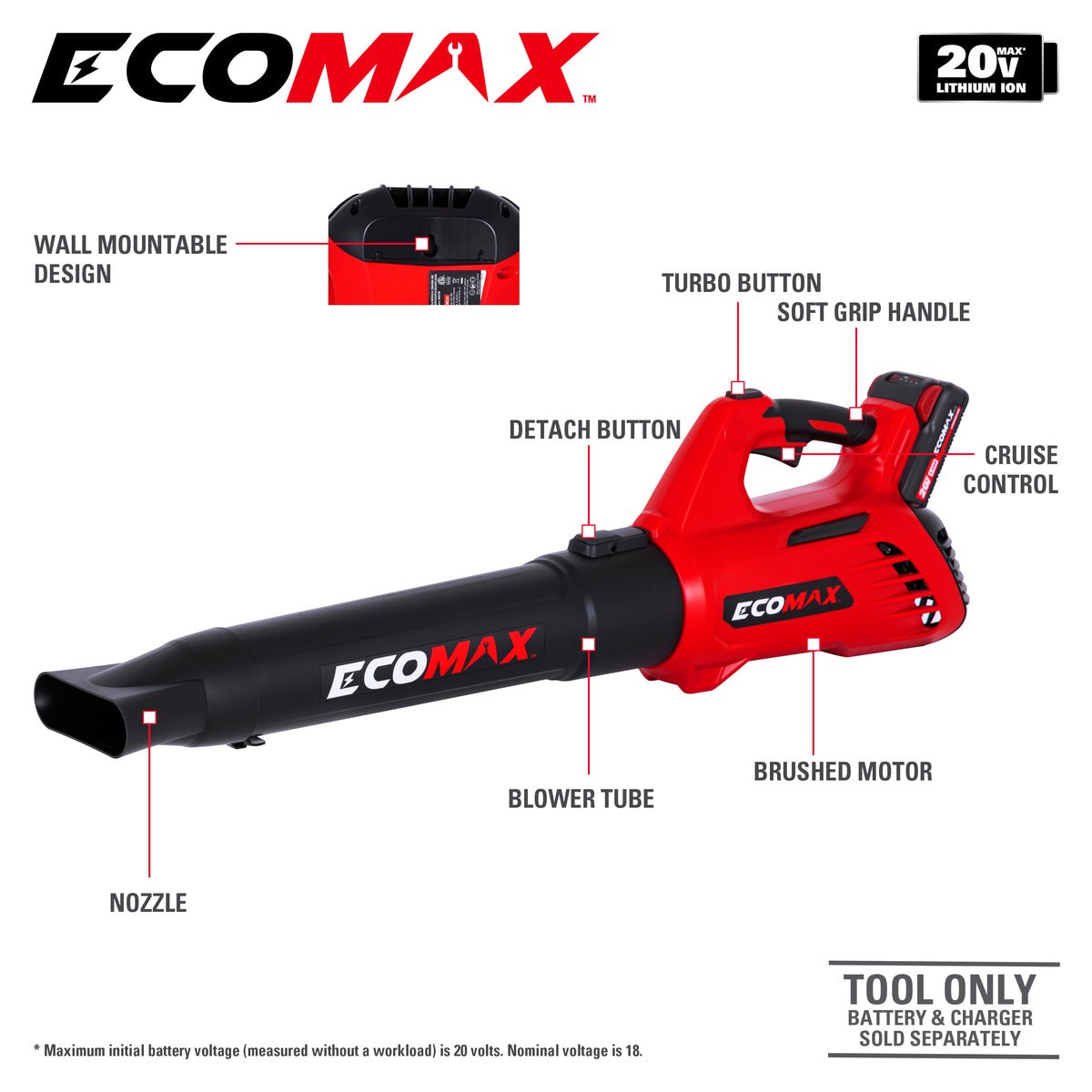 Ecomax 20V Cordless Leaf Blower - Tool Only