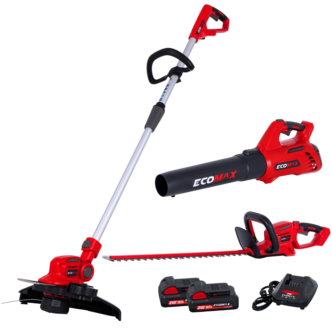 Ecomax 20V Cordless Blower, String Trimmer and Hedger Trimmer with (2) 20V 2.0Ah Batteries and Charger Combo Kit