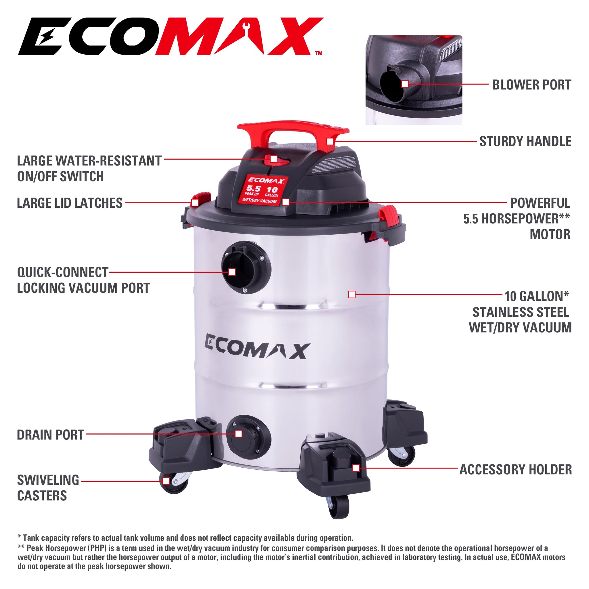 Ecomax 10 Gal 5.5HP Stainless Steel Vac - Ecomax Products Store
